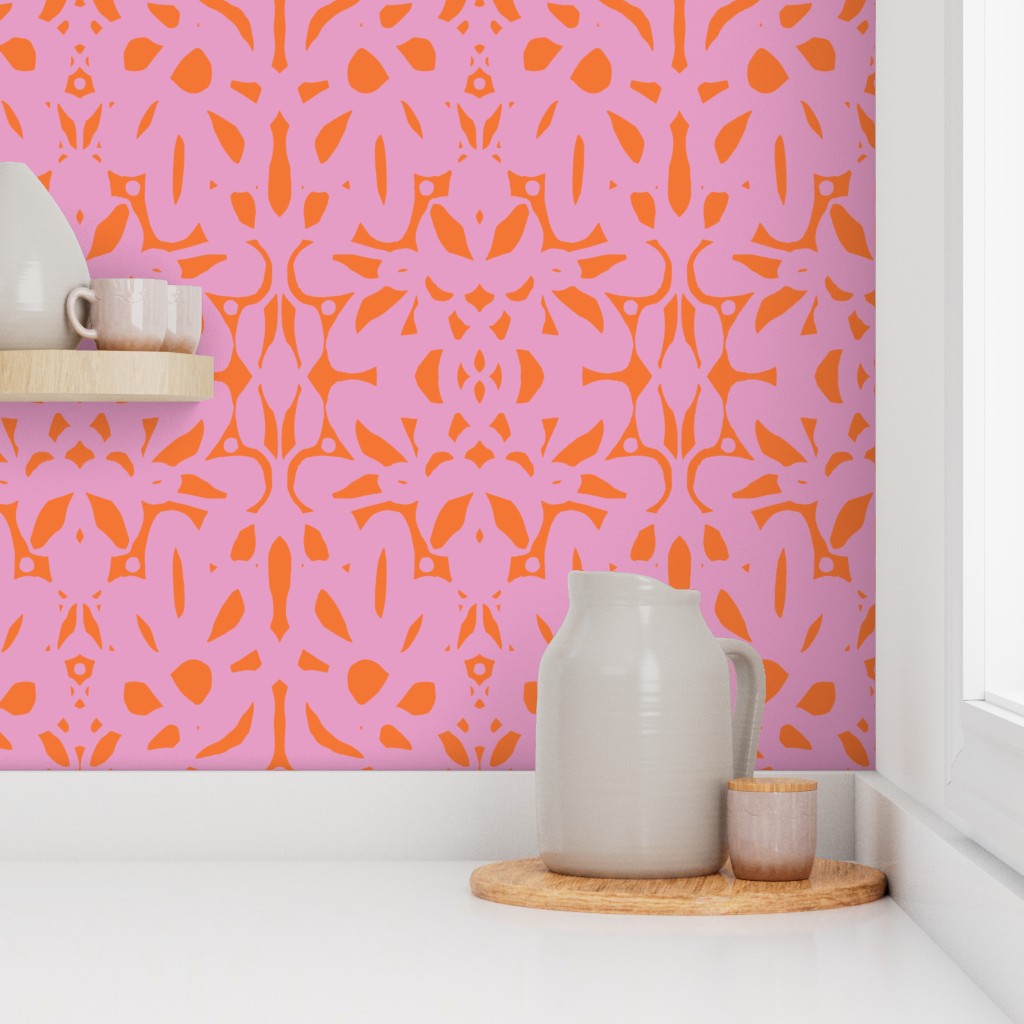 Trellis, wallpaper, lilac on bright red
