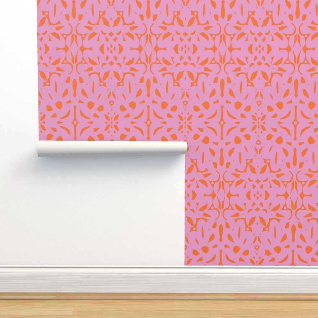 Trellis, wallpaper, lilac on bright red