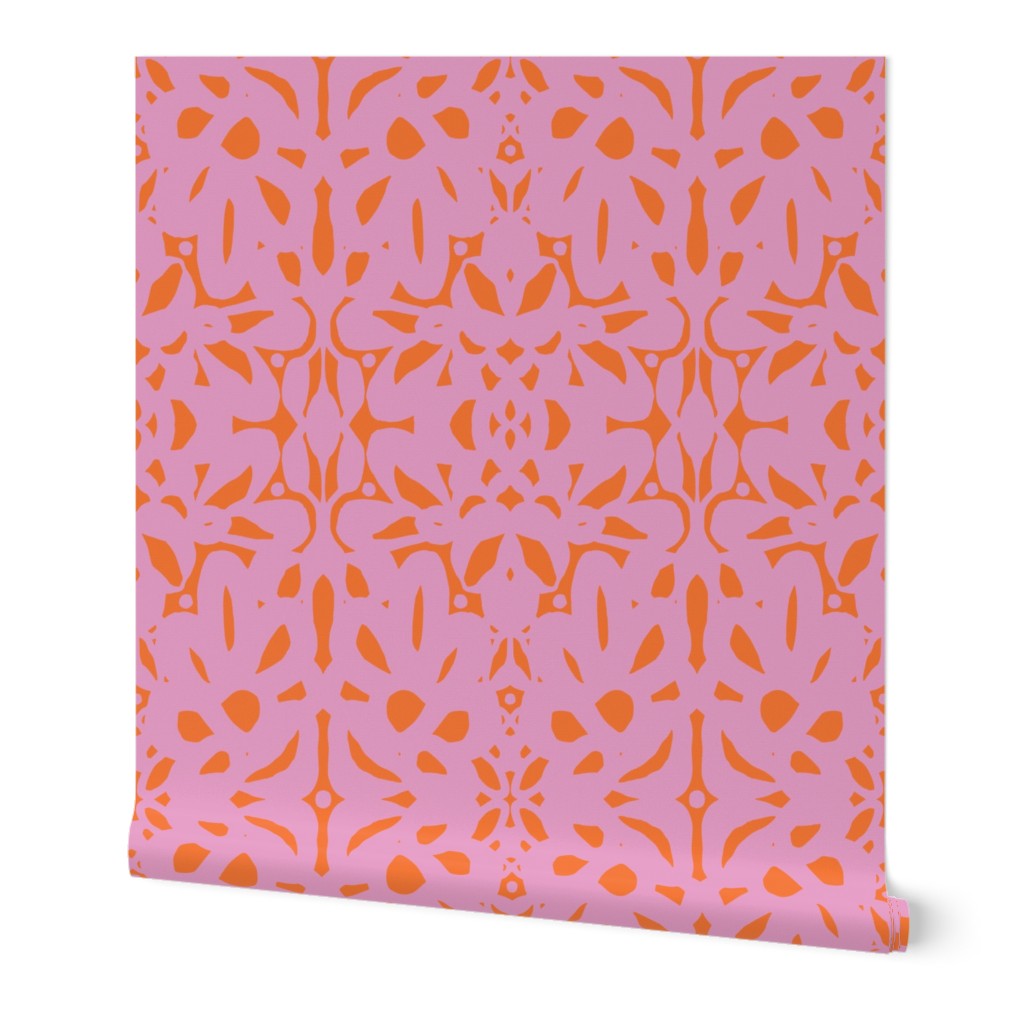 Trellis, wallpaper, lilac on bright red