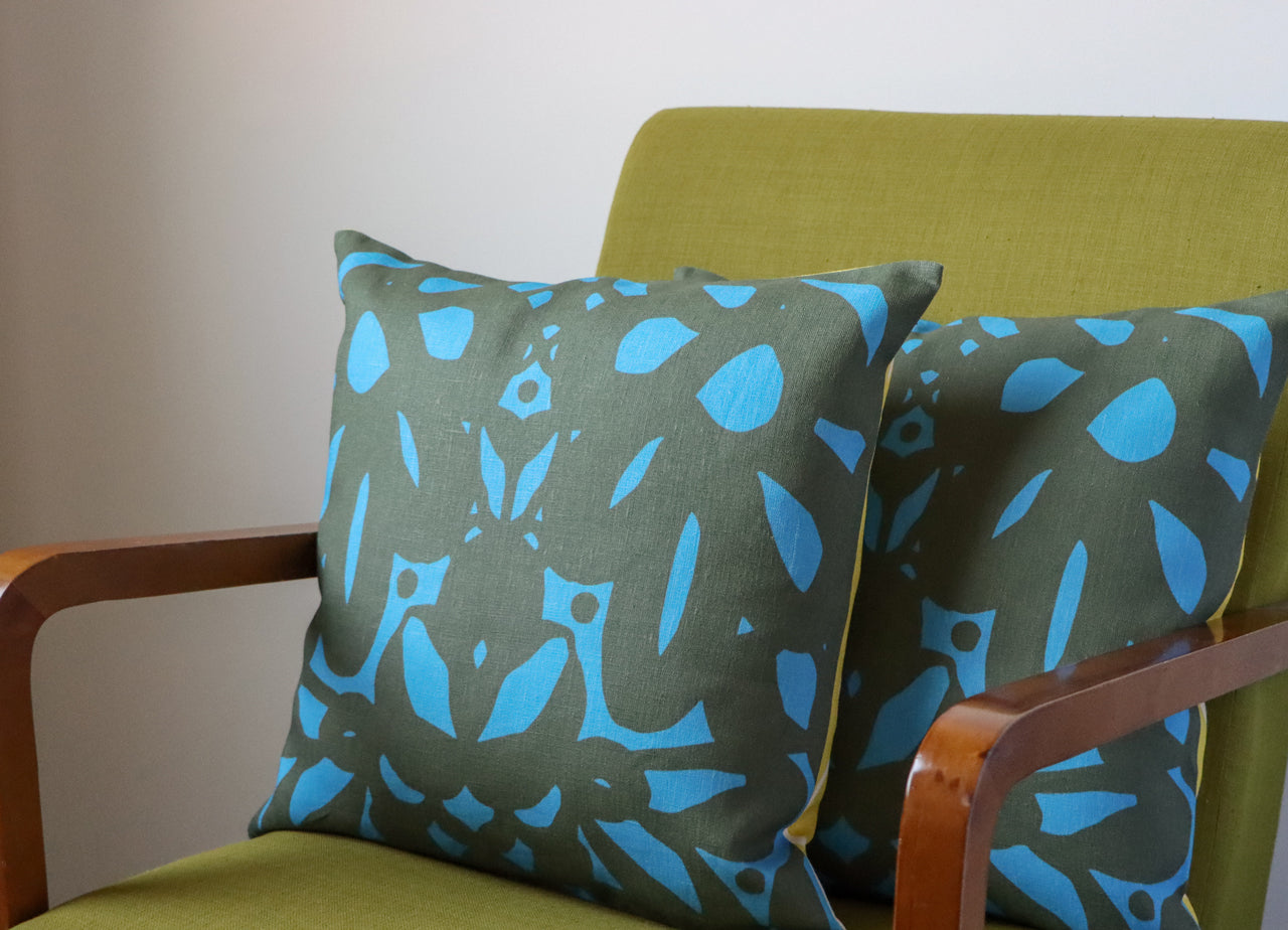 Trellis Throw Pillow, yellow blue