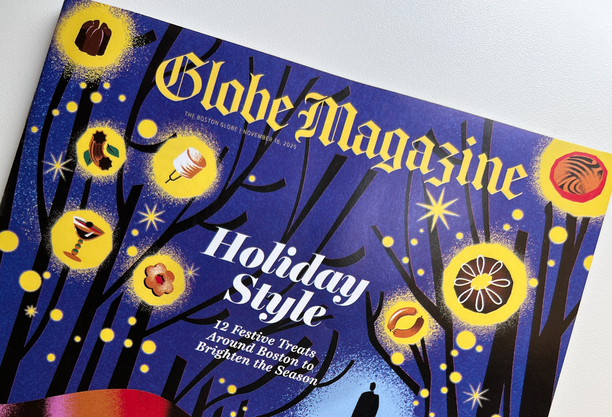 Boston Globe Magazine featured Leila Simon Hayes handmade napkins in holiday gift guide