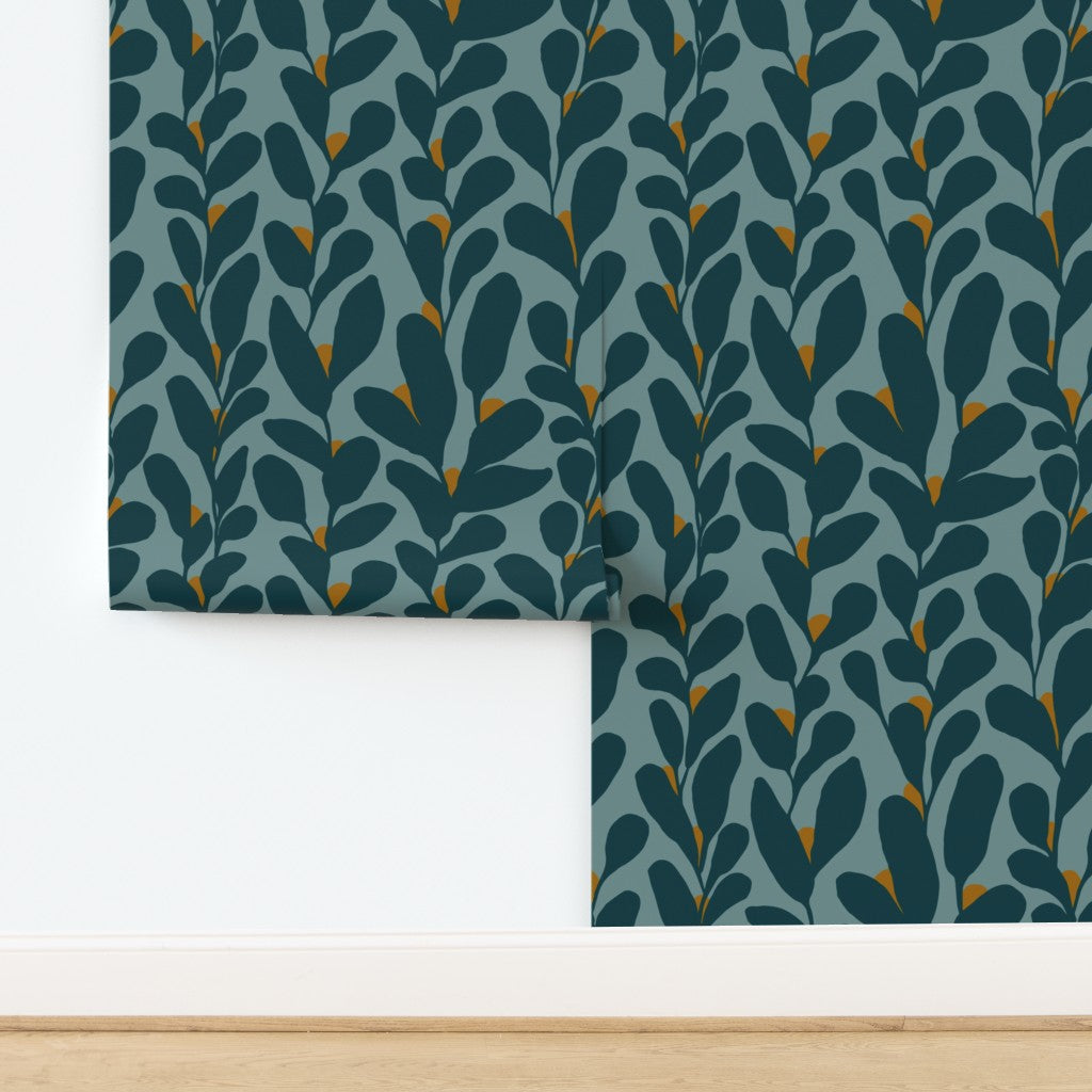 Tendril, wallpaper, blue with gold