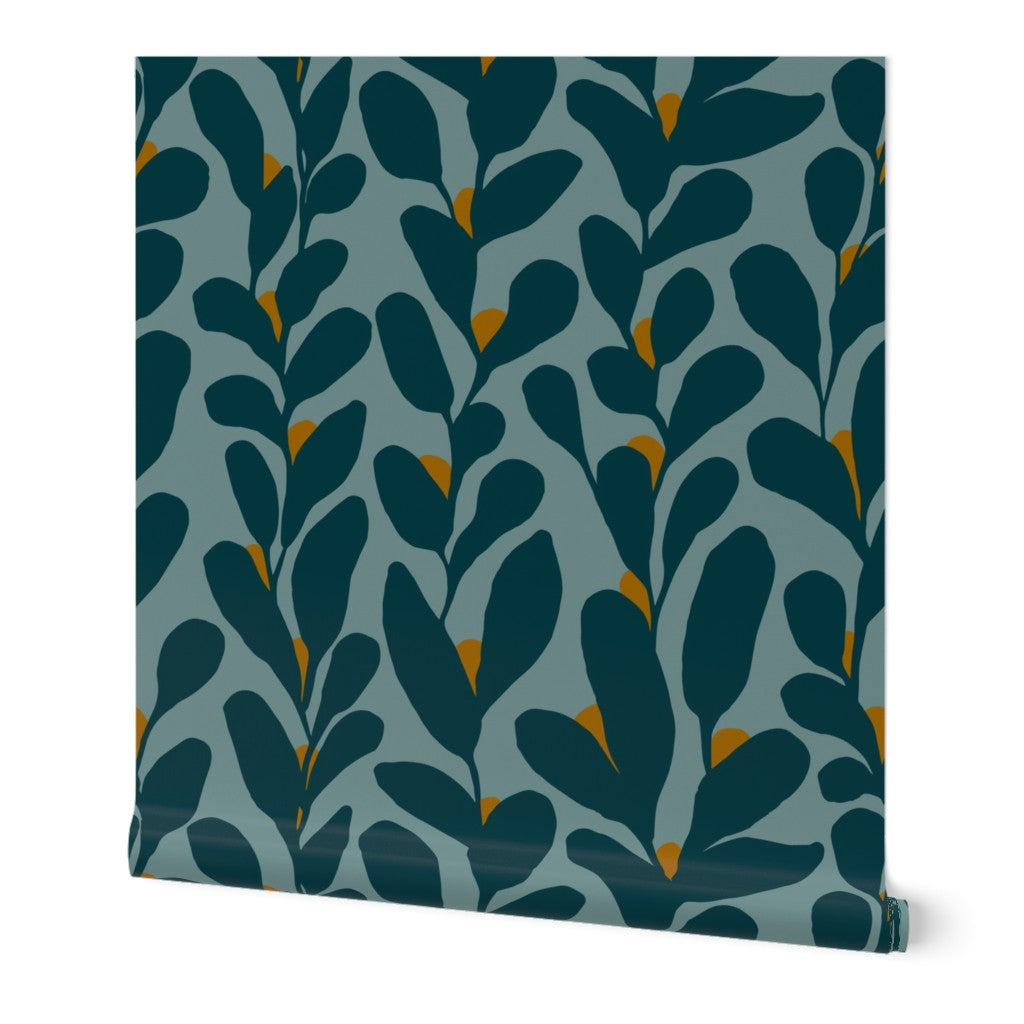 Tendril, wallpaper, blue with gold