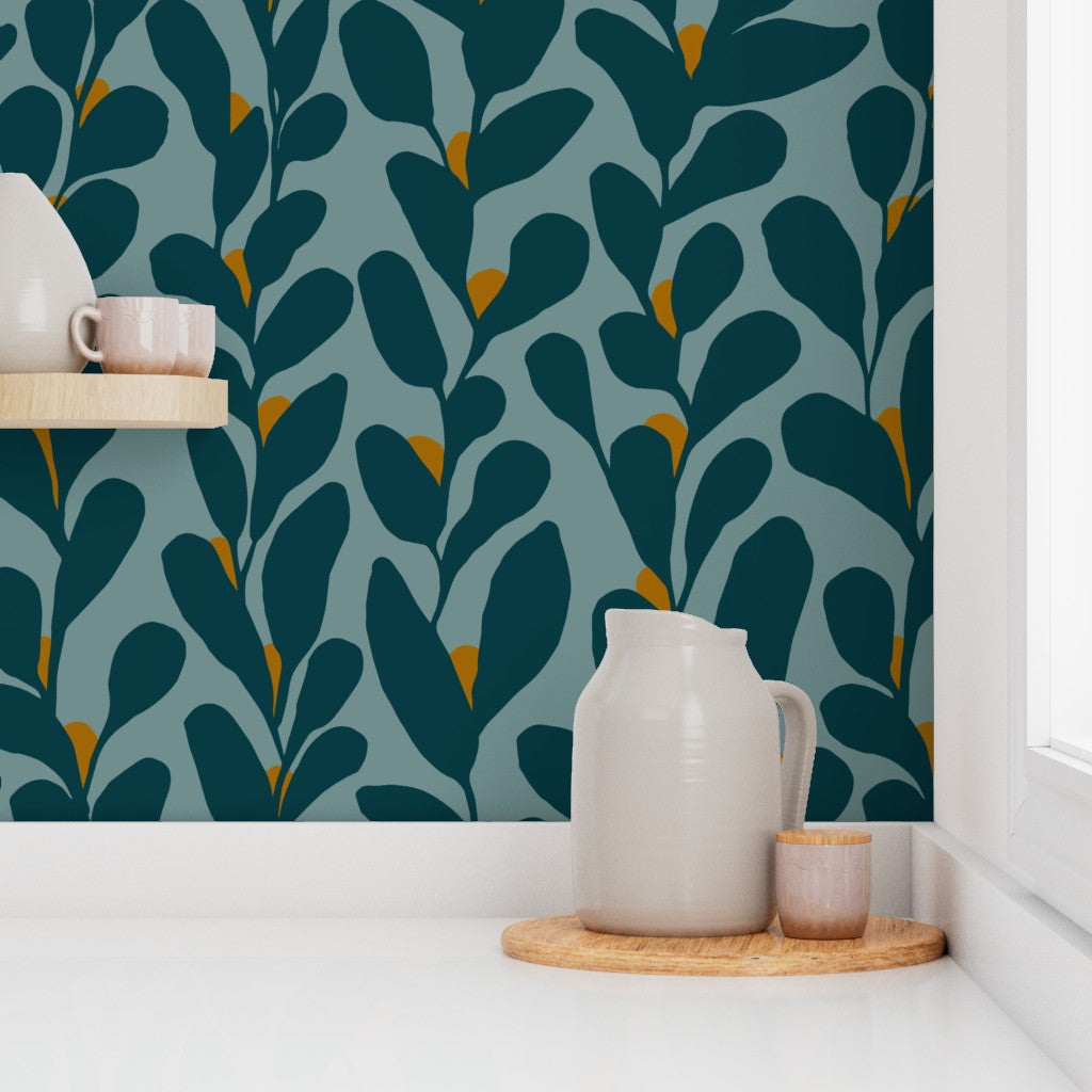Tendril, wallpaper, blue with gold