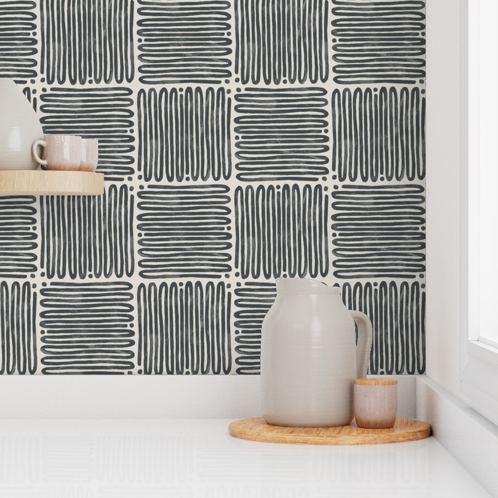 Zig Zag Tiles, wallpaper, black on off-white