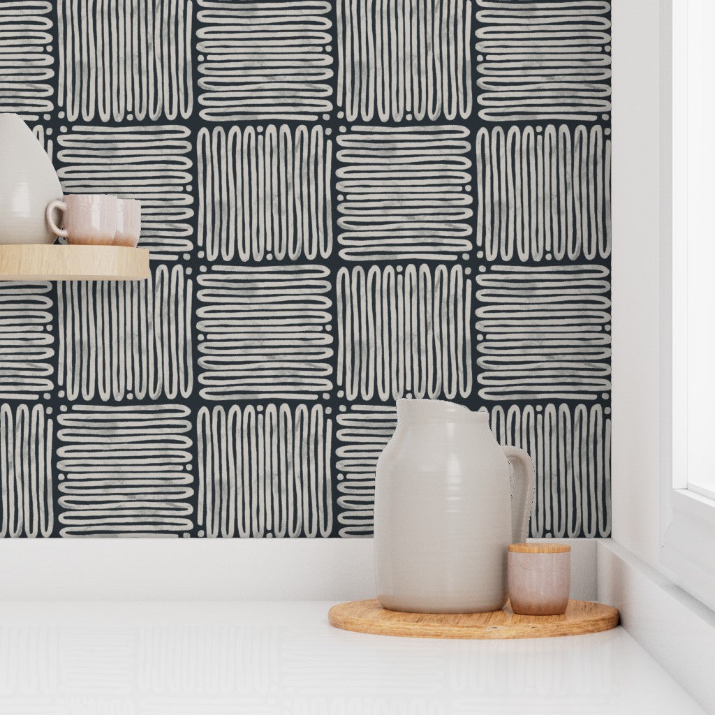 Zig Zag Tiles, wallpaper, off-white on black