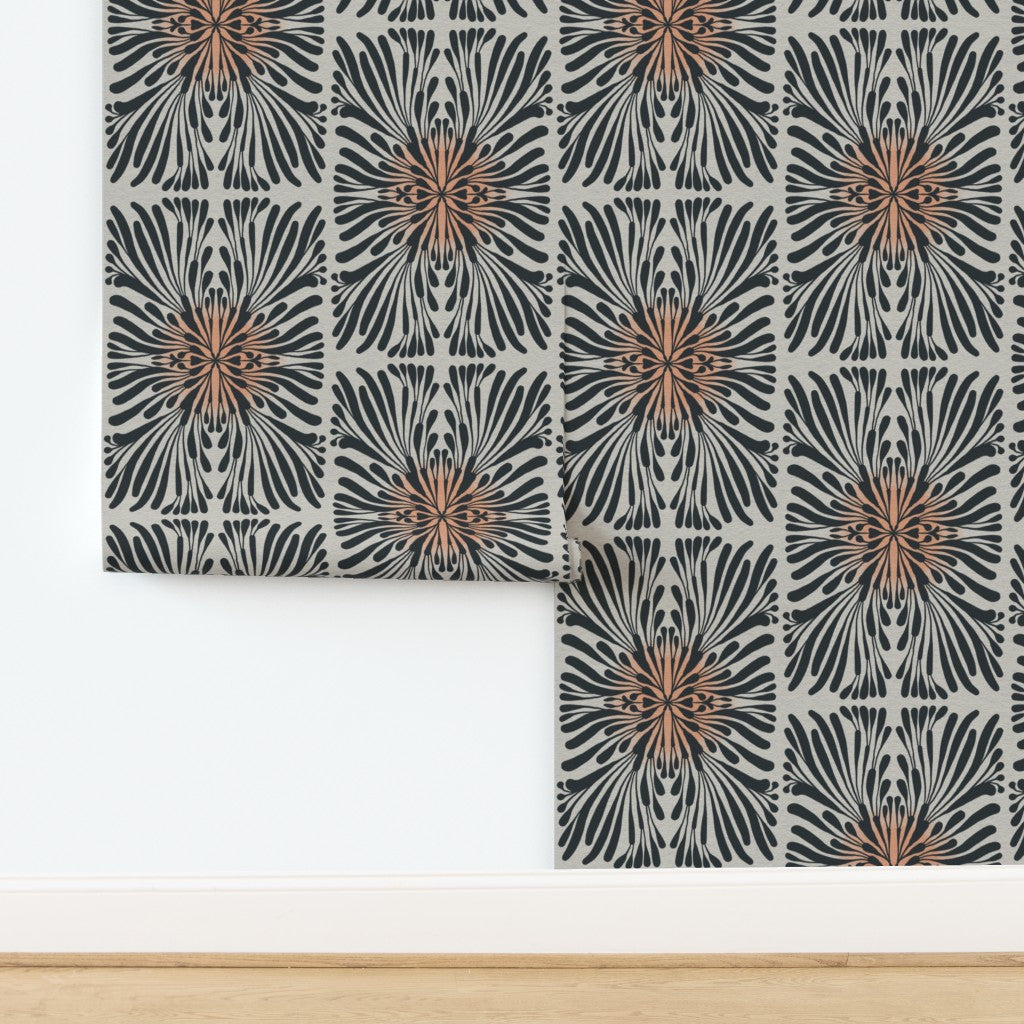 Finale Floral Tile, wallpaper, black on white with pink glow
