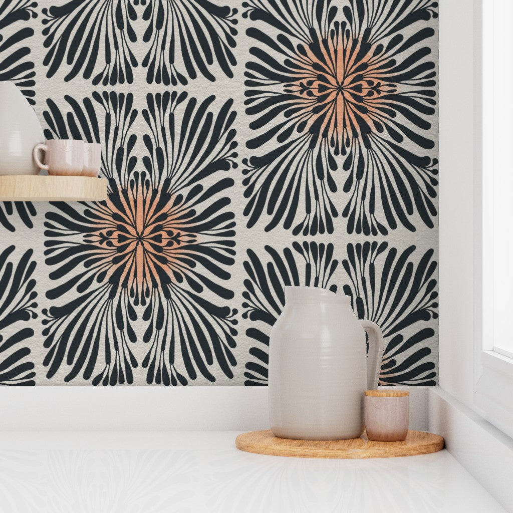 Finale Floral Tile, wallpaper, black on white with pink glow