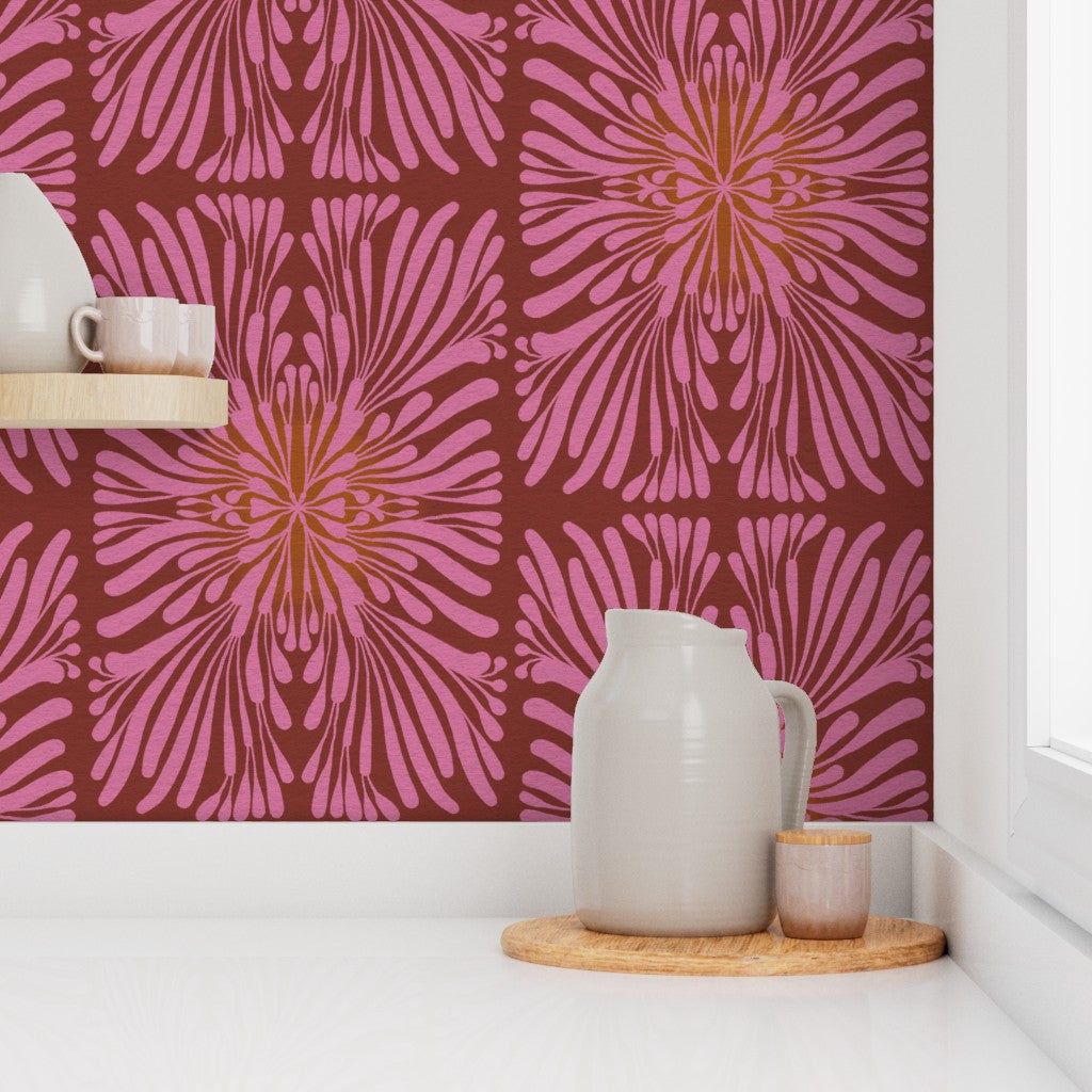 Finale Floral Tile, wallpaper, dark pink with warm glow