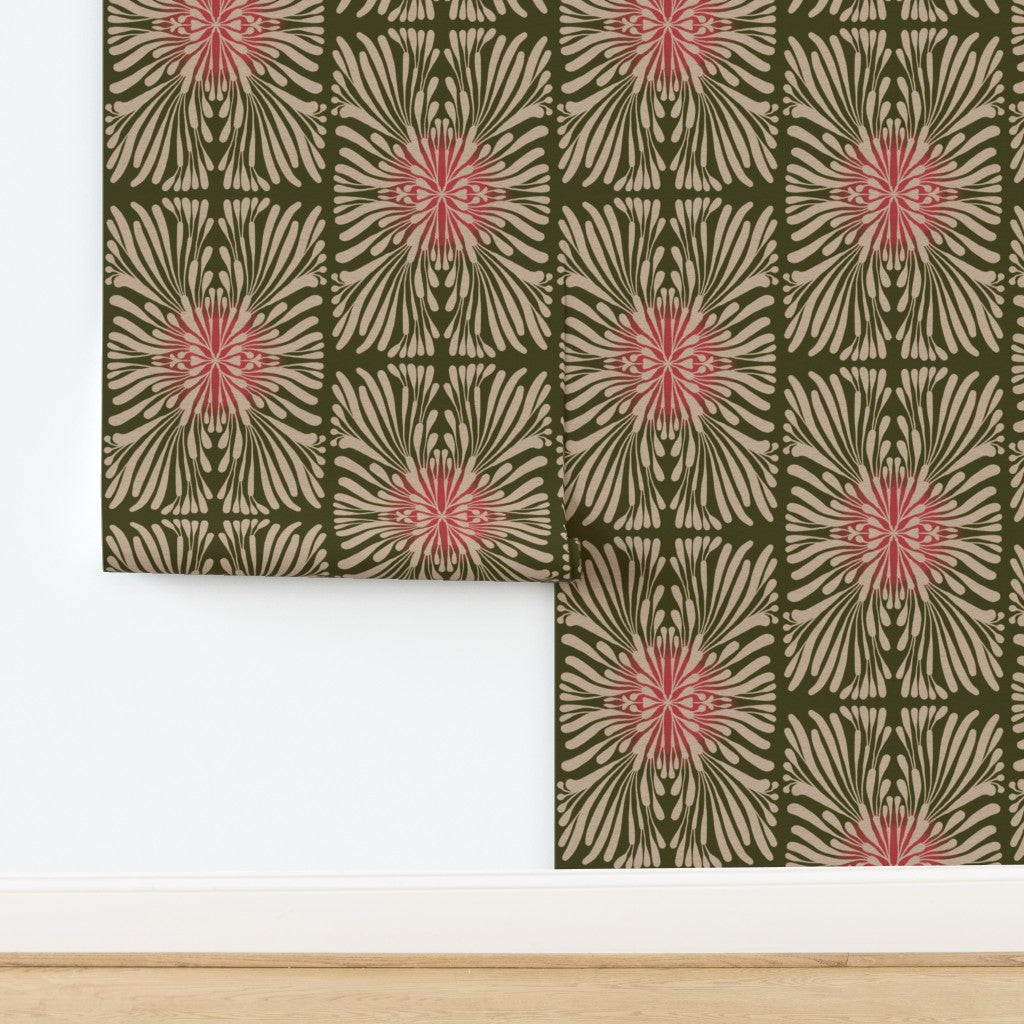 Finale Floral Tile, wallpaper, olive green with pink glow
