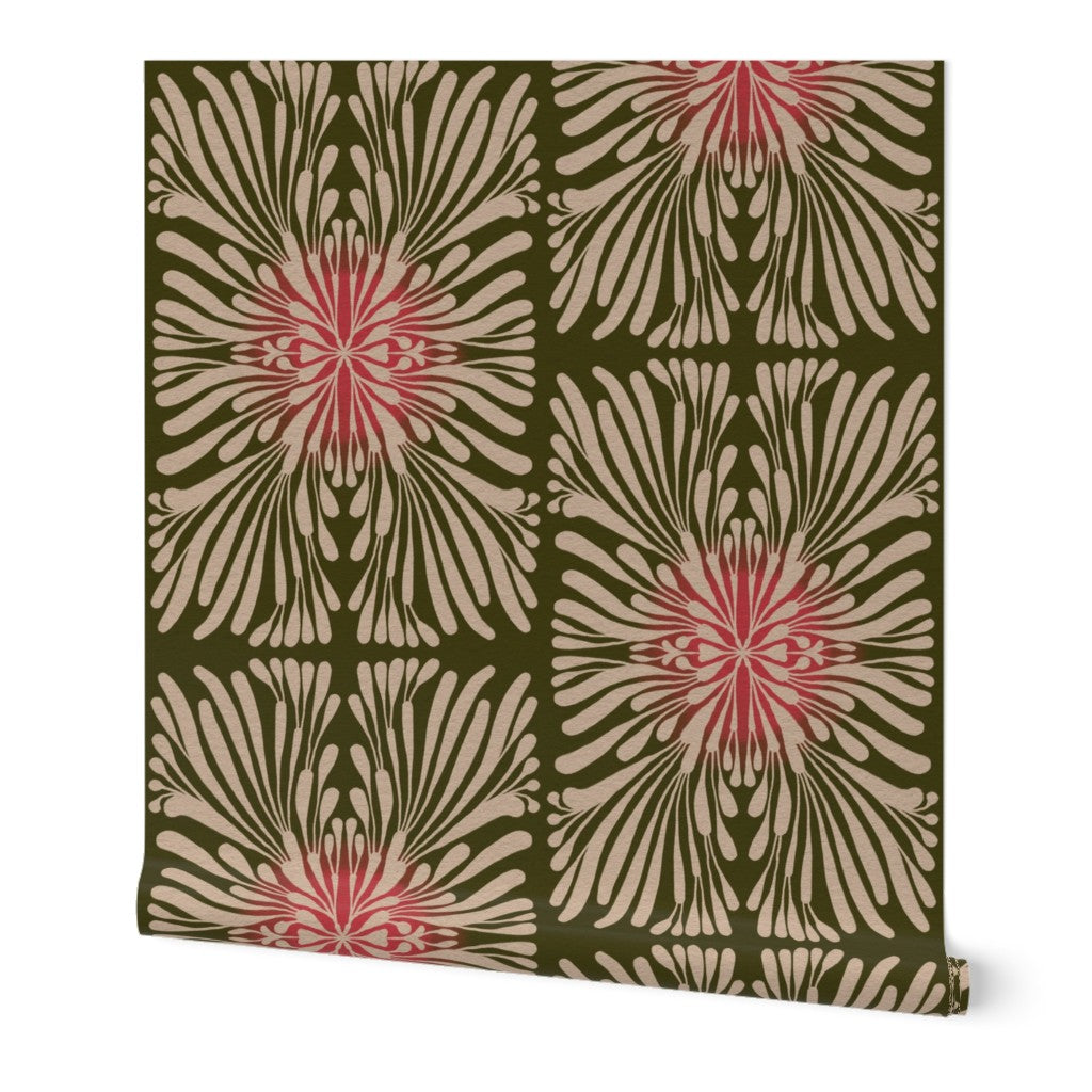 Finale Floral Tile, wallpaper, olive green with pink glow