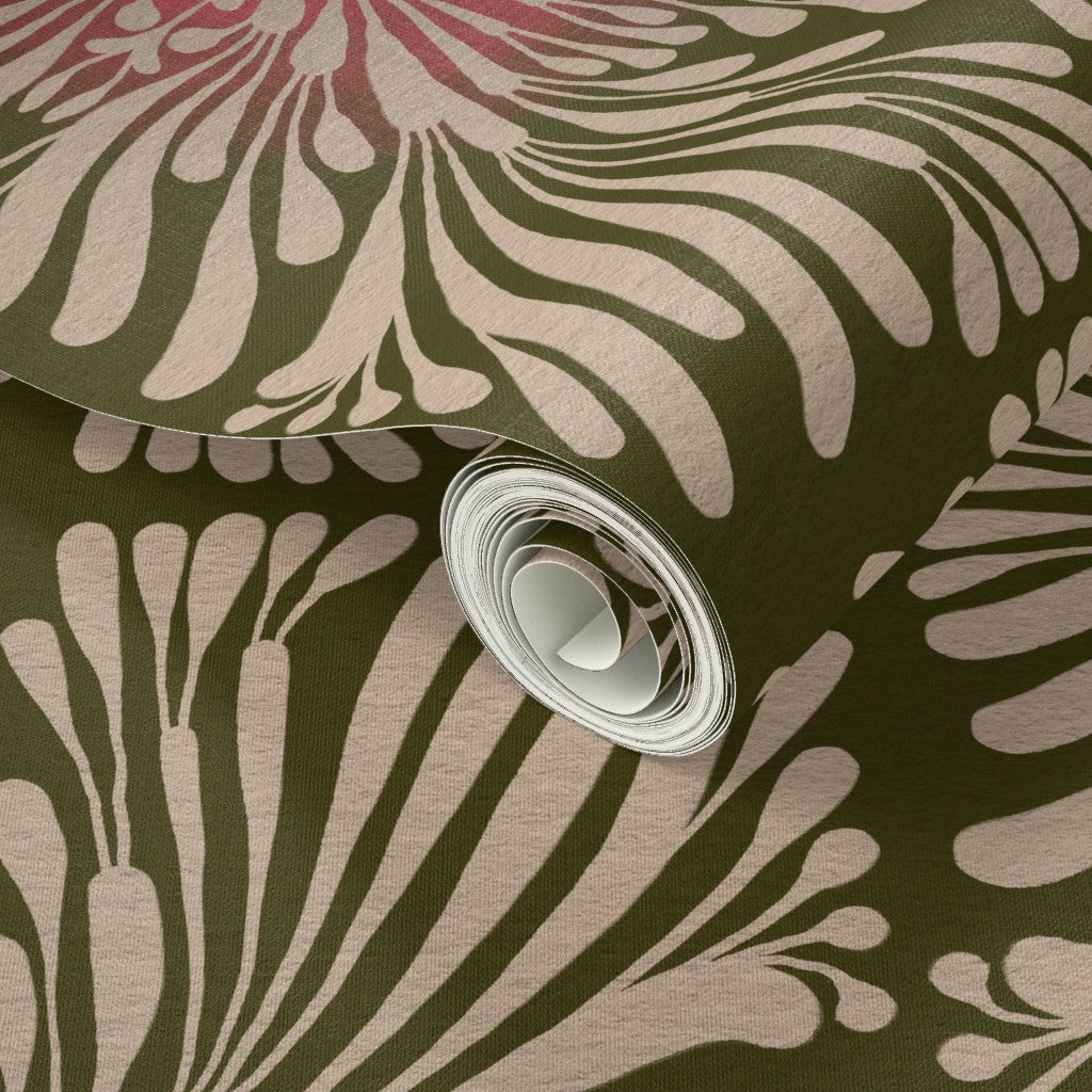 Finale Floral Tile, wallpaper, olive green with pink glow