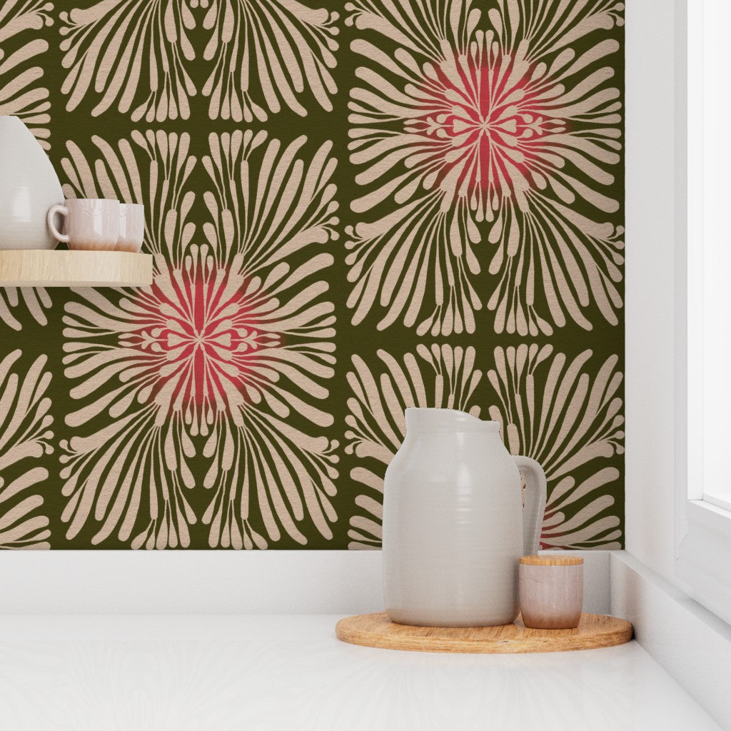Finale Floral Tile, wallpaper, olive green with pink glow