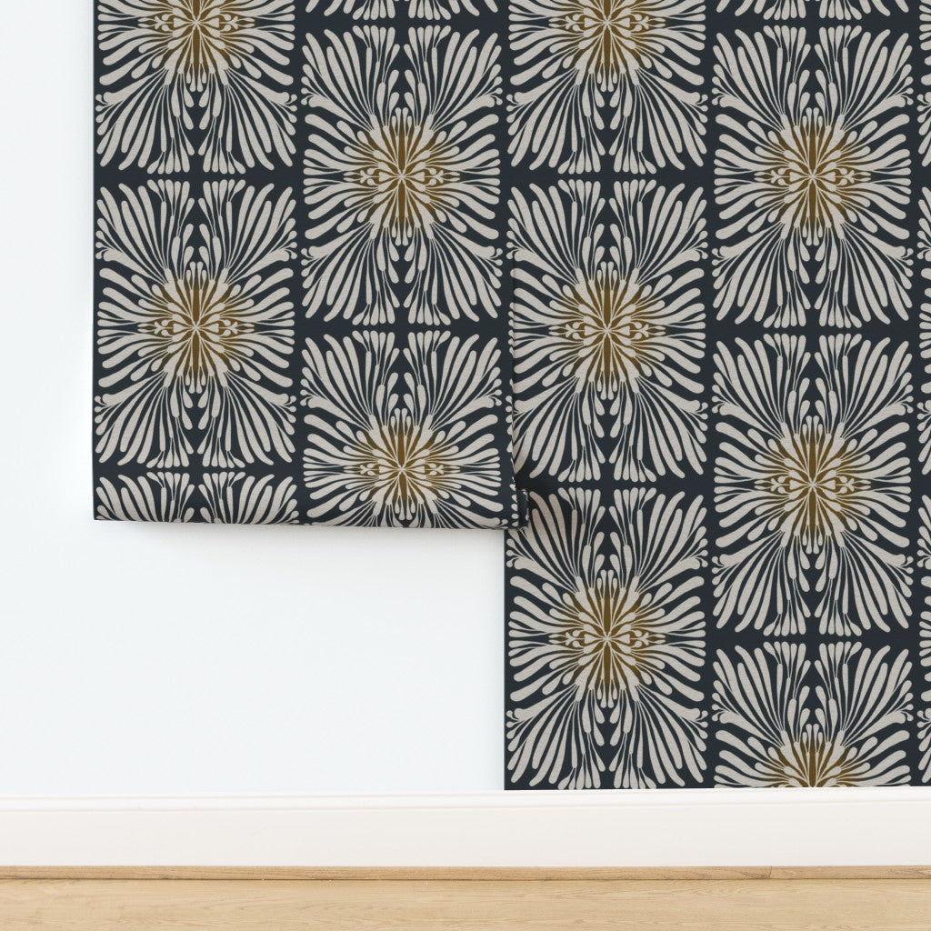 Finale Floral Tile, wallpaper, white on black with warm glow