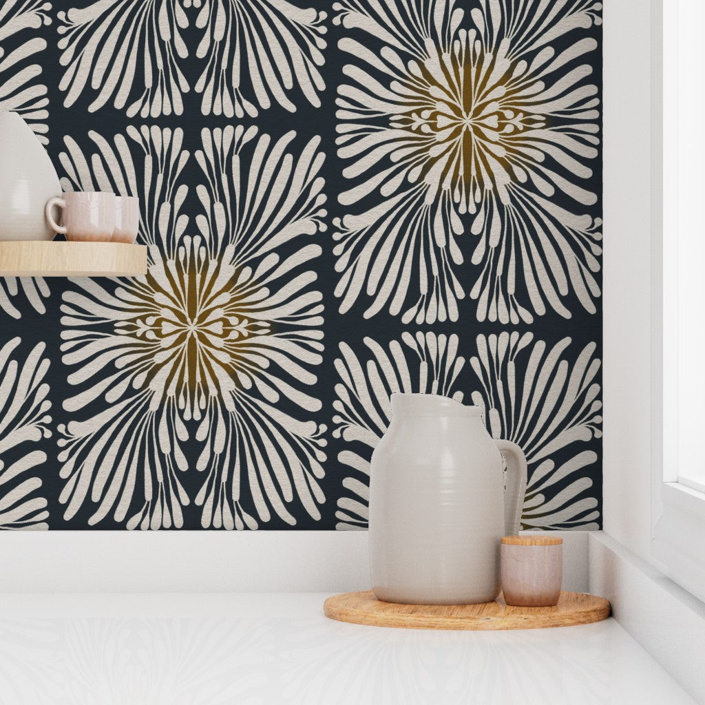 Finale Floral Tile, wallpaper, white on black with warm glow