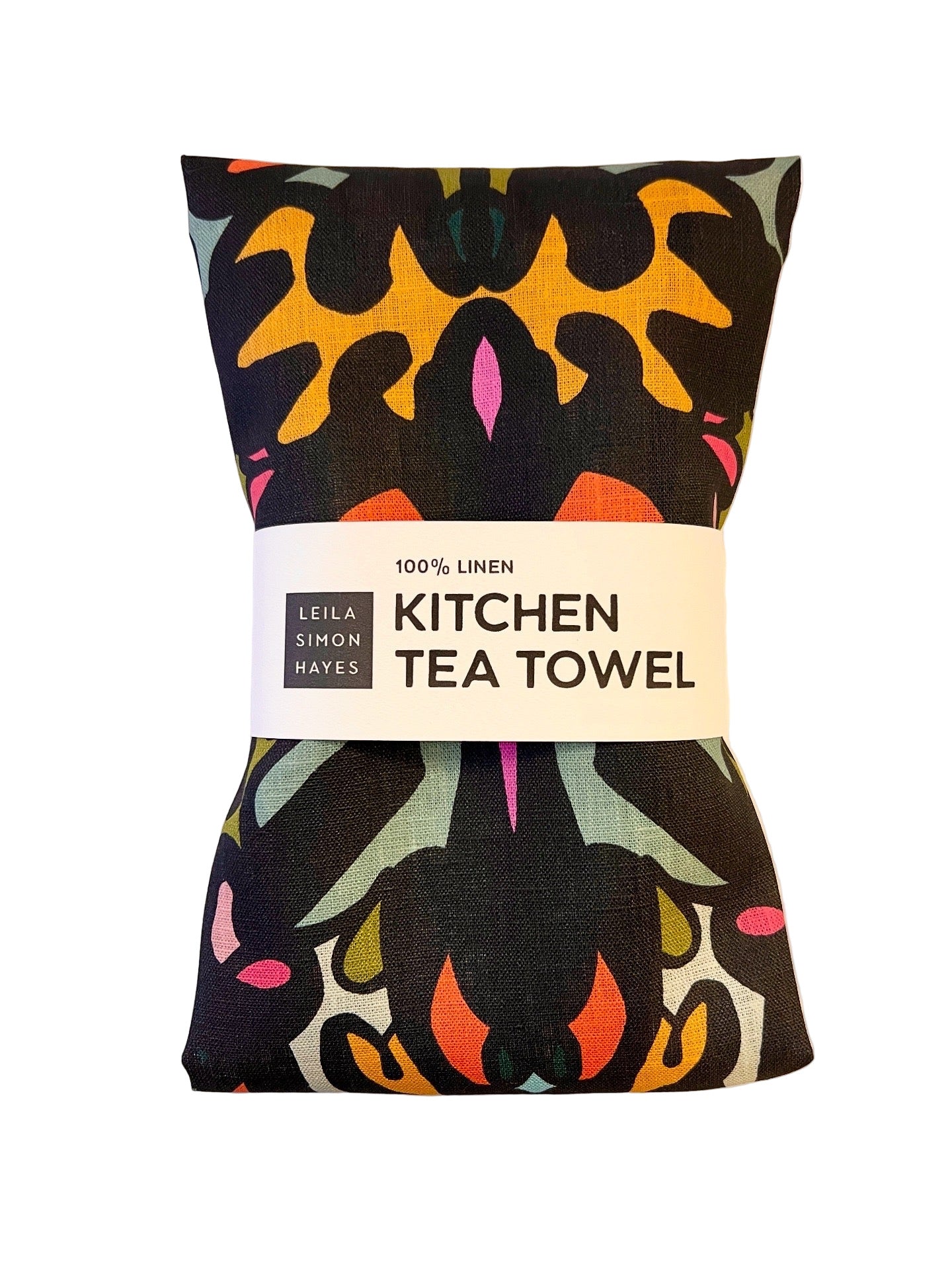 Colorful kitchen tea towel with a pattern on a white background