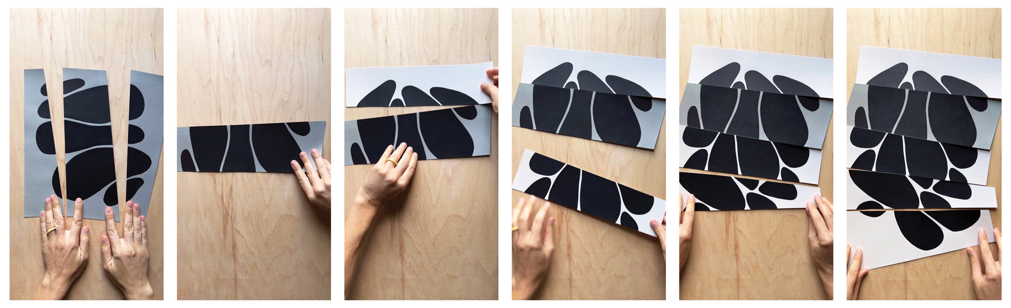 Leila Simon Hayes showing her step-by-step art making process of remixing a black and white patterned paper on a wooden surface.