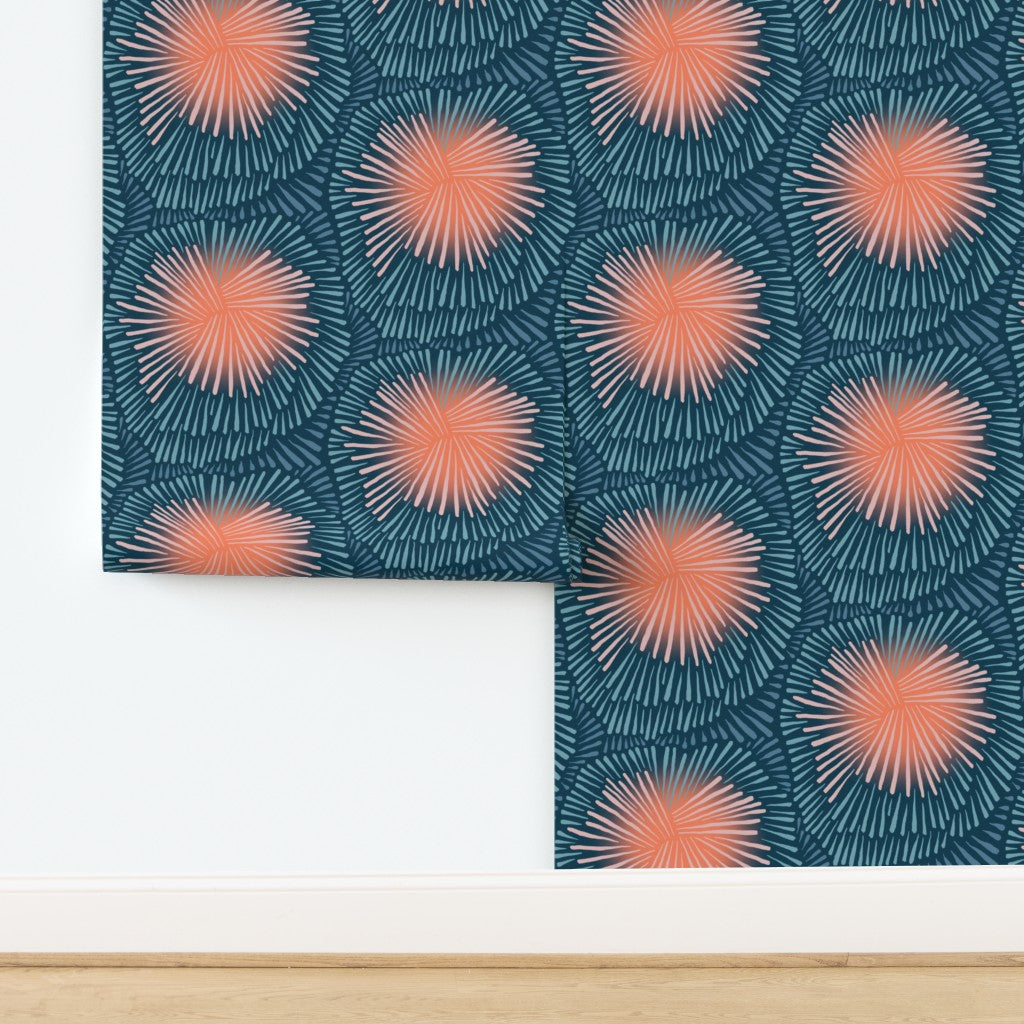 Roll of abstract blue and pink wallpaper. Designed by artist Leila Simon Hayes.