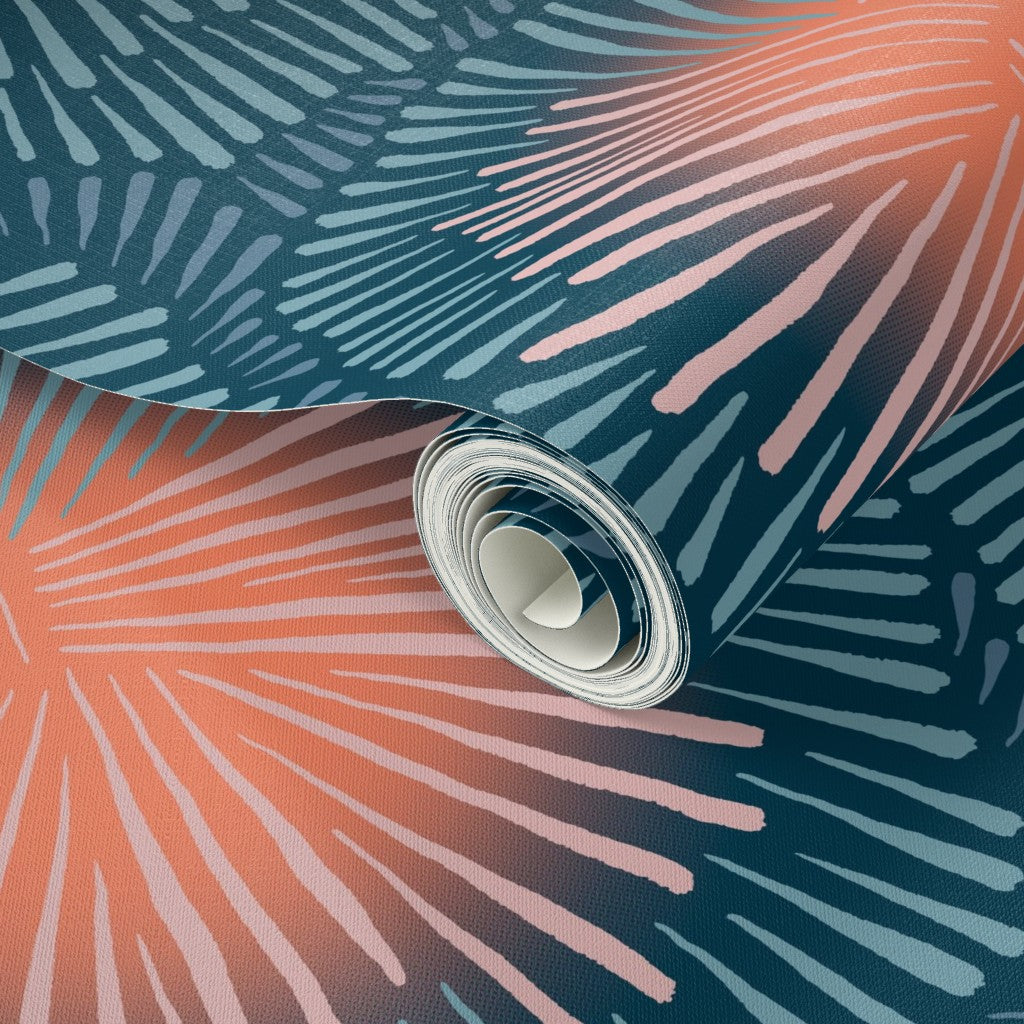 Roll of blue and pink wallpaper. Designed by artist Leila Simon Hayes.