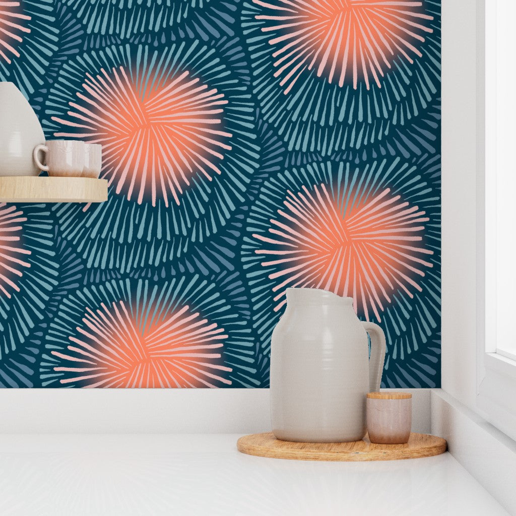 Roll of blue wallpaper. Designed by artist Leila Simon Hayes.