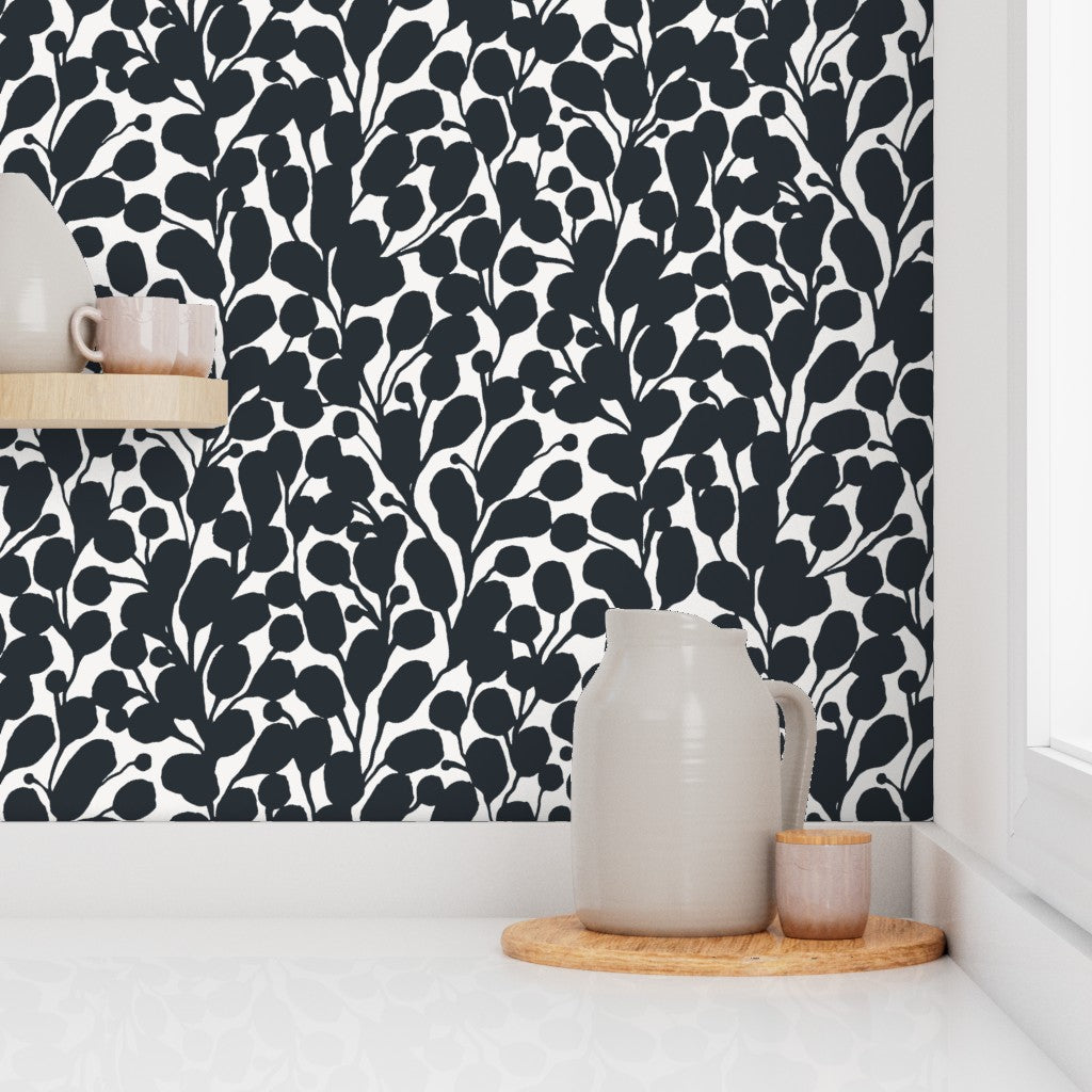 Black and white wallpaper in a kitchen. Designed by artist Leila Simon Hayes.