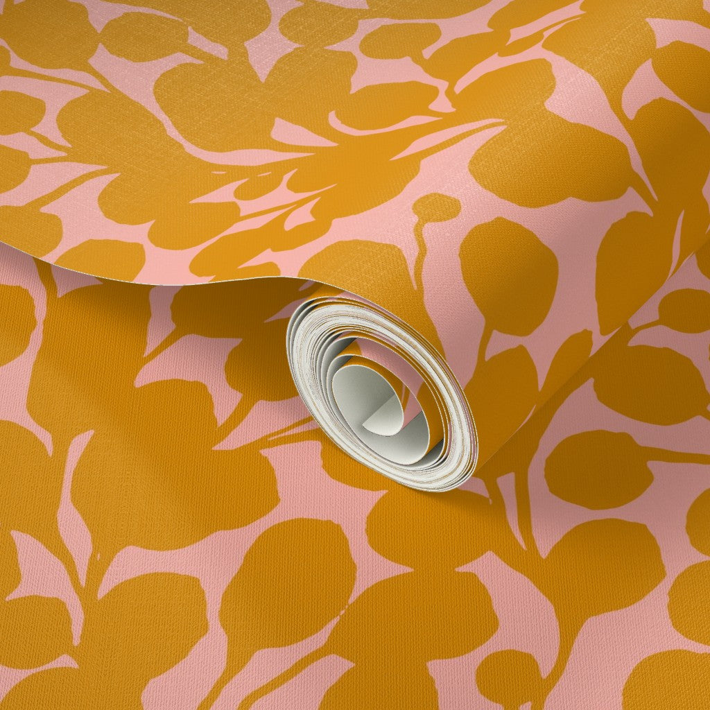 Roll of yellow floral wallpaper. Designed by artist Leila Simon Hayes.