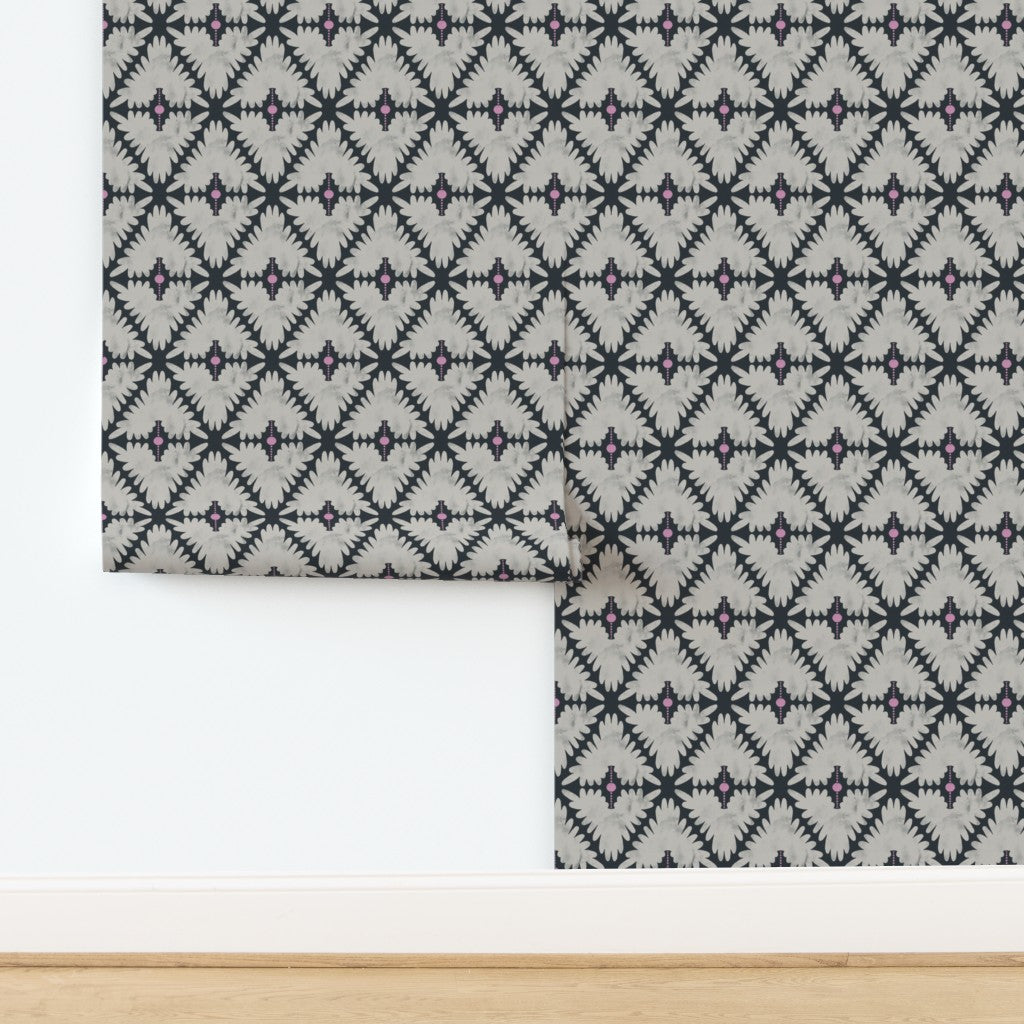 Patterned wallpaper with geometric design on a white background. Designed by artist Leila Simon Hayes.