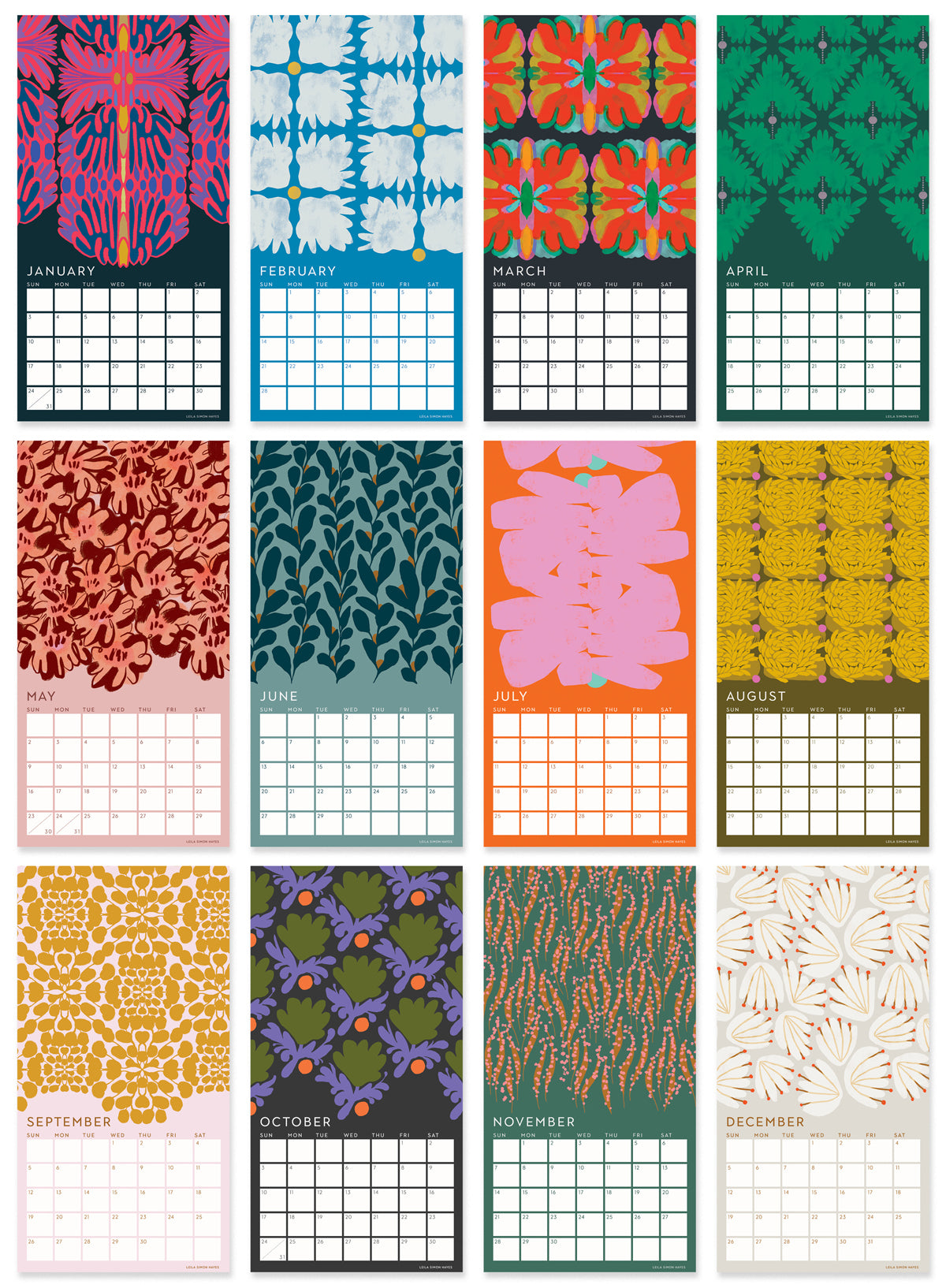 Twelve monthly calendar pages with colorful abstract and geometric patterns, arranged in a 3x4 grid. Each page shows a different month from January to December, with a patterned header and a white grid for the days of the week below. Designed by artist Leila Simon Hayes.
