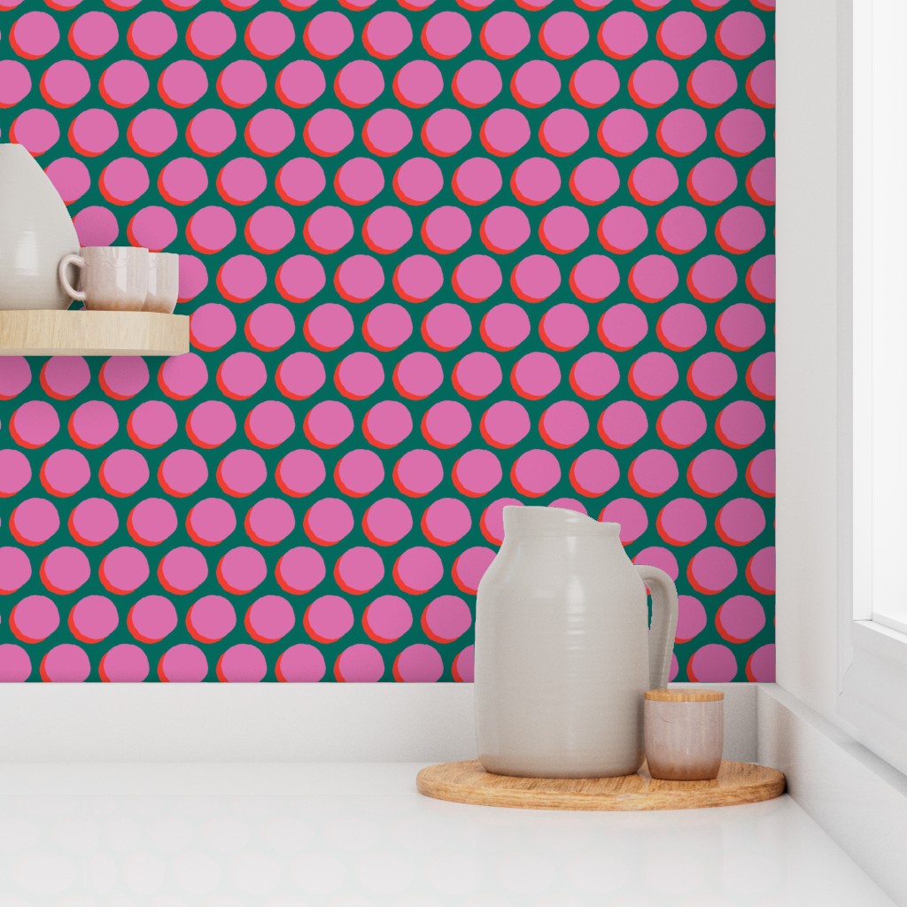 Kitchen scene with a polka dot wall pattern, white pitcher, and wooden tray. Designed by artist Leila Simon Hayes.