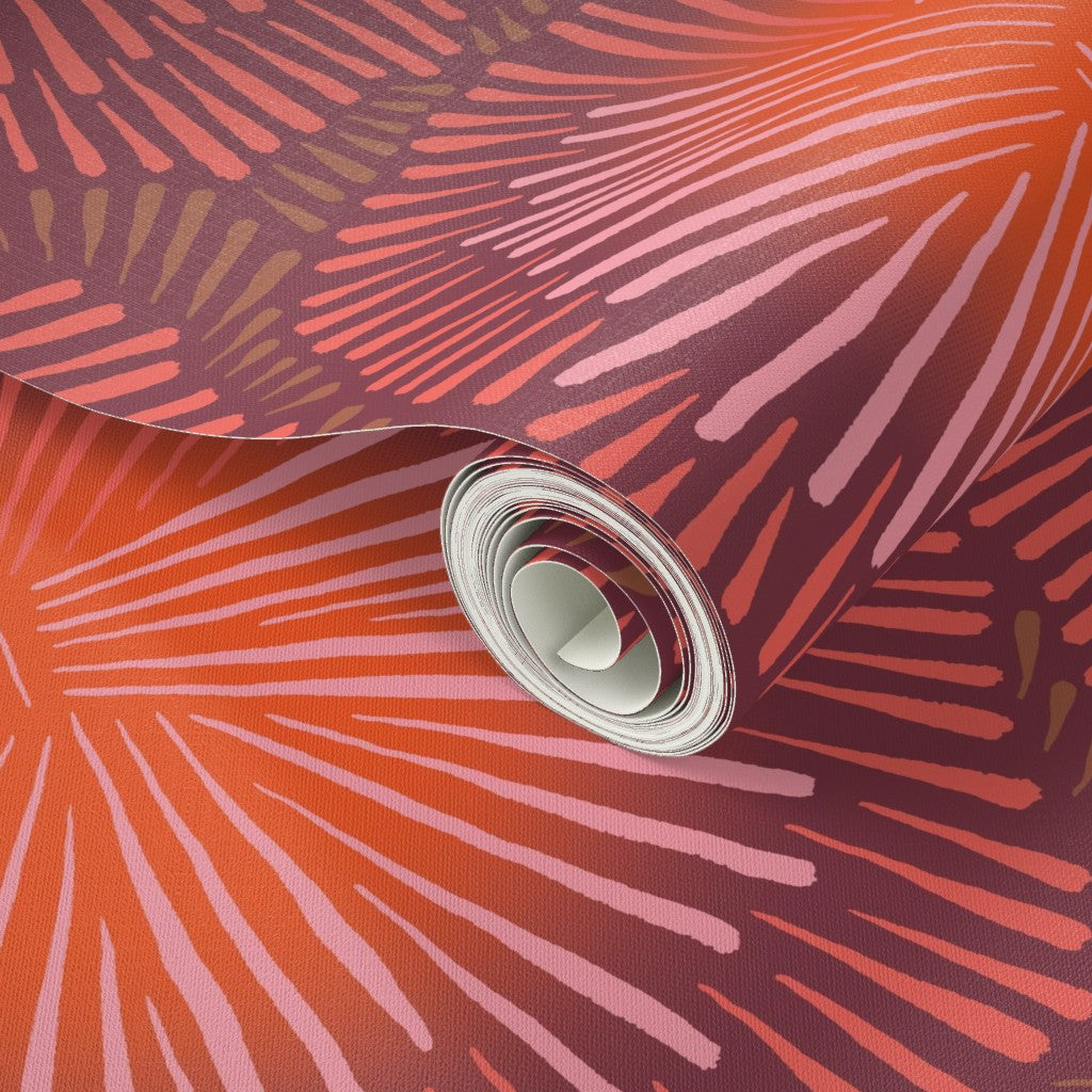 Roll of wallpaper with a red and orange pattern. Designed by artist Leila Simon Hayes.