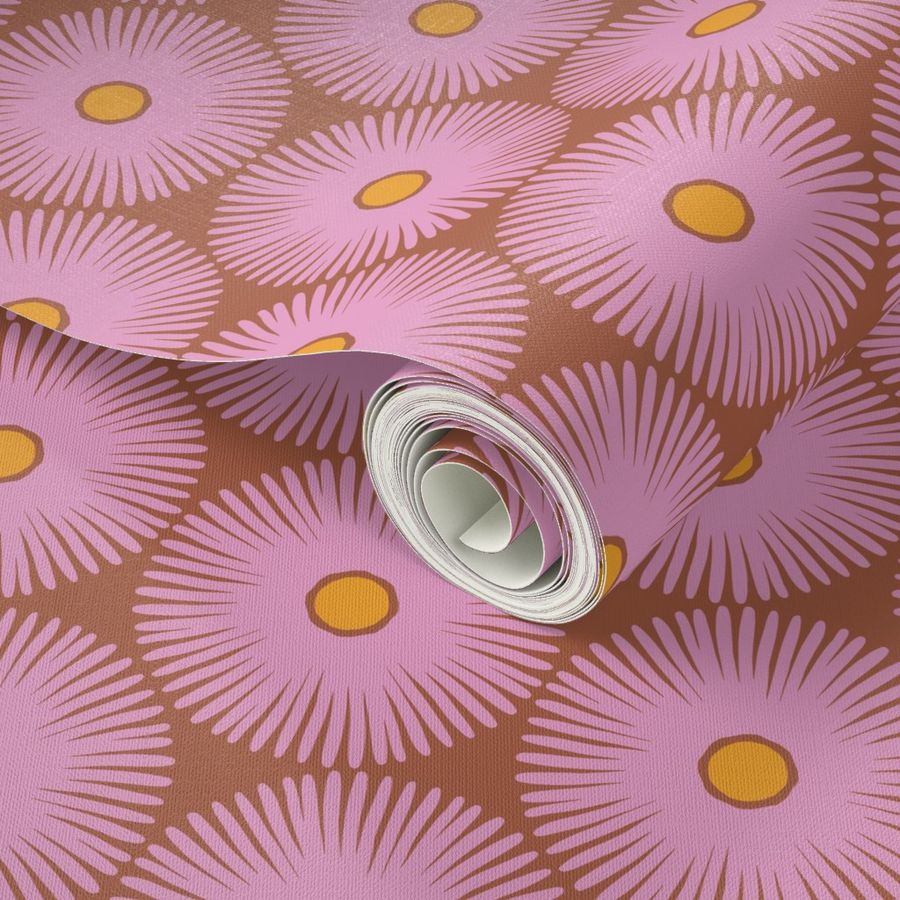 Roll of pink and brown floral wallpaper. Designed by artist Leila Simon Hayes.