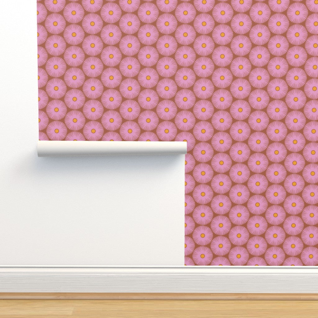 Roll of pink and brown floral wallpaper. Designed by artist Leila Simon Hayes.