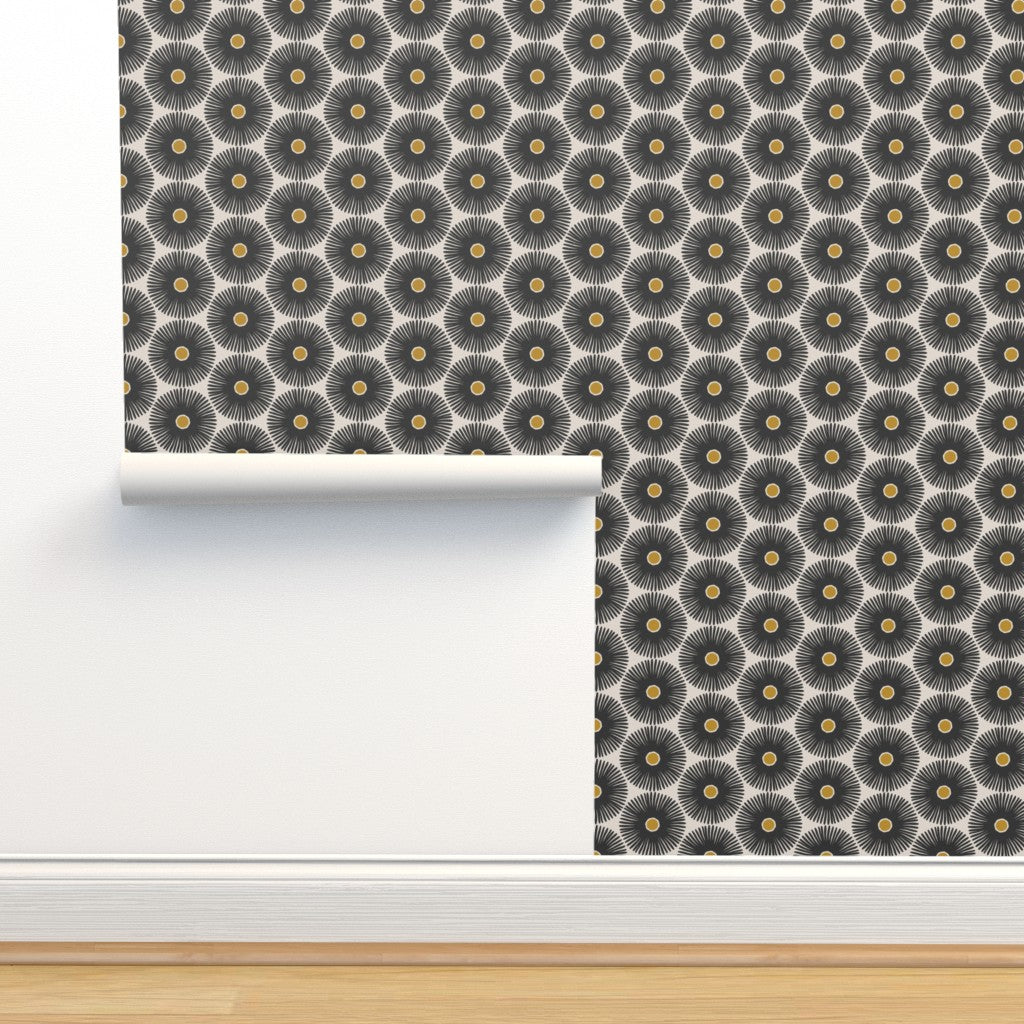 Roll of black and white floral wallpaper. Designed by artist Leila Simon Hayes.
