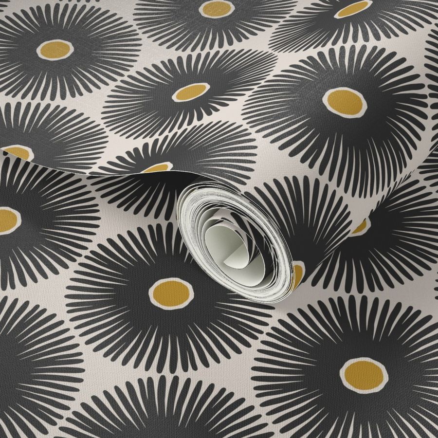 Roll of black and white floral wallpaper. Designed by artist Leila Simon Hayes.