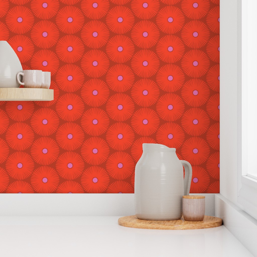 White pitcher and cup on a wooden tray against a red floral patterned wall. Designed by artist Leila Simon Hayes.