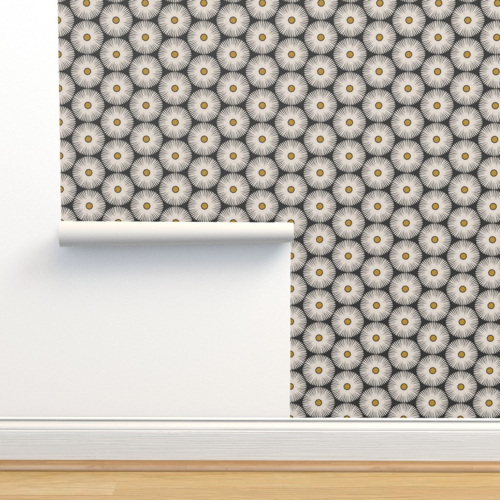 Roll of black and white floral wallpaper. Designed by artist Leila Simon Hayes.