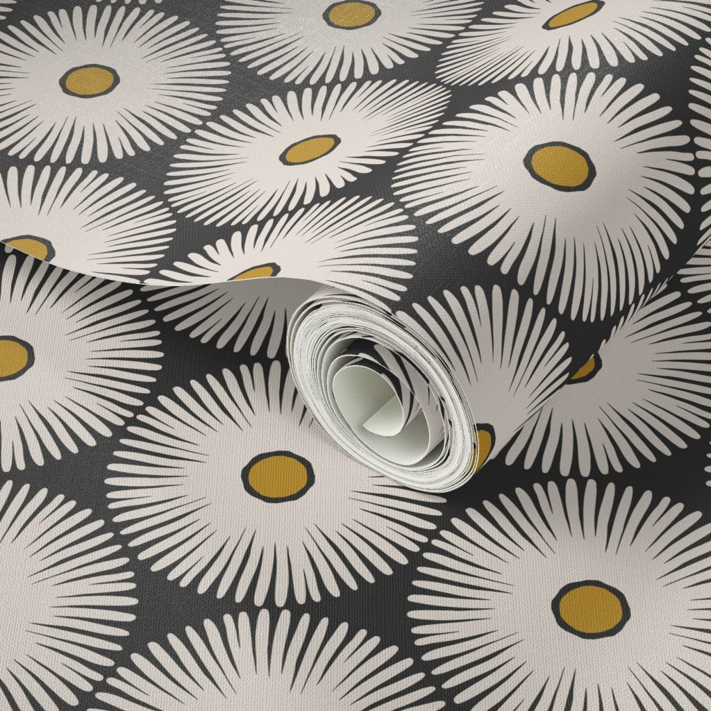Roll of black and white floral wallpaper. Designed by artist Leila Simon Hayes.
