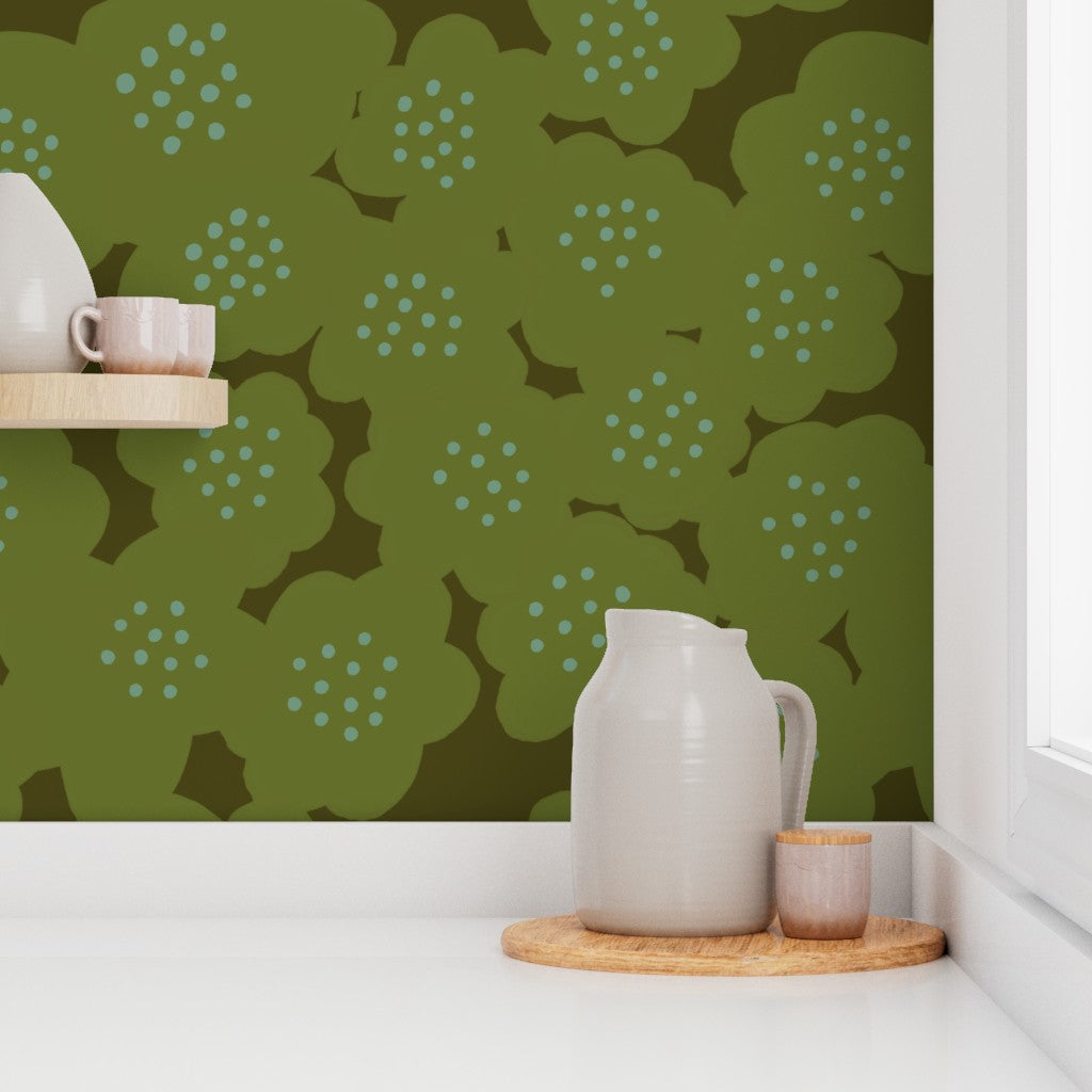Green flower wallpaper in a kitchen. Designed by artist Leila Simon Hayes.