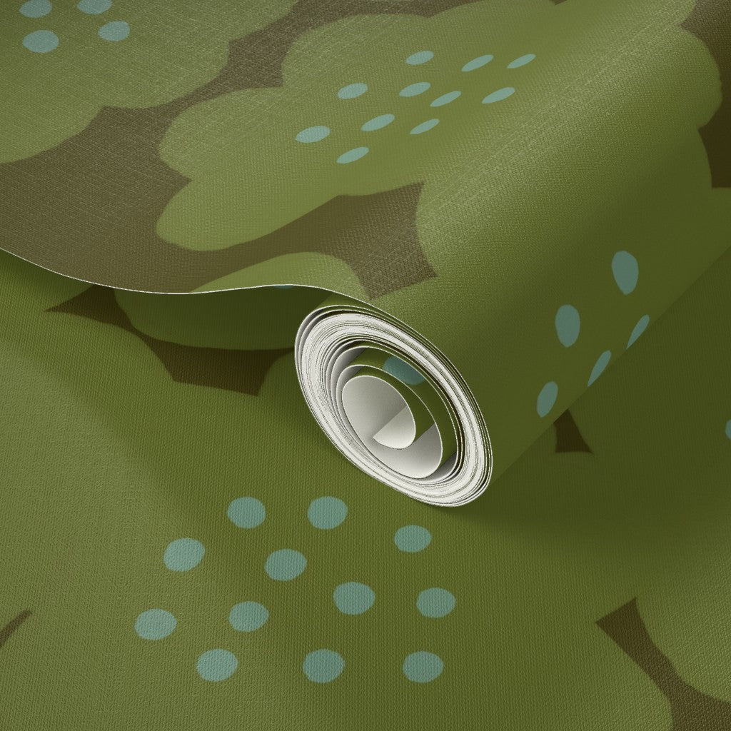 A roll of green wallpaper. Designed by artist Leila Simon Hayes.