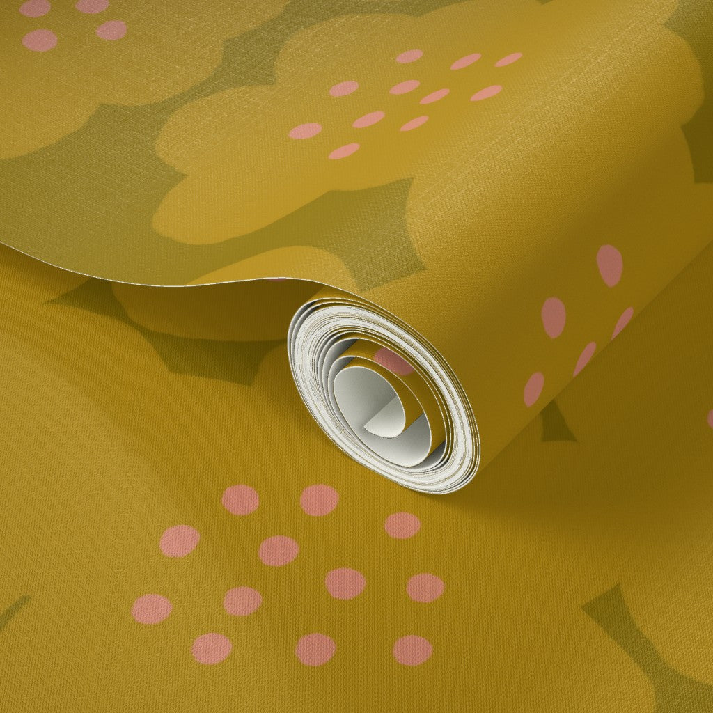 A roll of yellow floral wallpaper. Designed by artist Leila Simon Hayes.