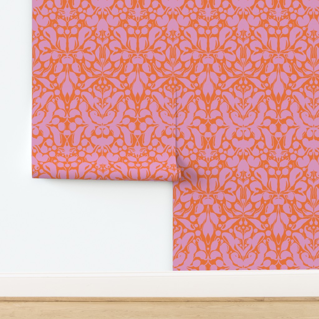 Pink and orange patterned paper on a white background. Designed by artist Leila Simon Hayes.