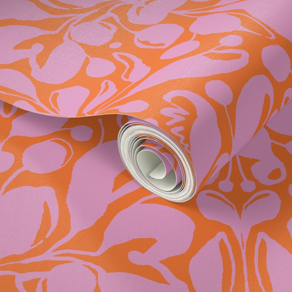 Roll of pink and orange patterned wallpaper with a close-up view. Designed by artist Leila Simon Hayes.