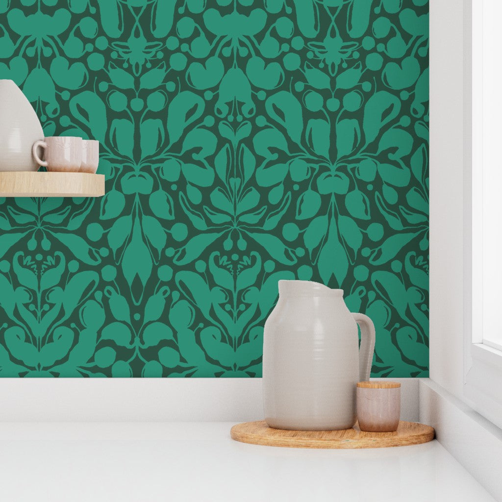Green patterned wallpaper with ceramic pitcher and cups on a shelf. Designed by artist Leila Simon Hayes.