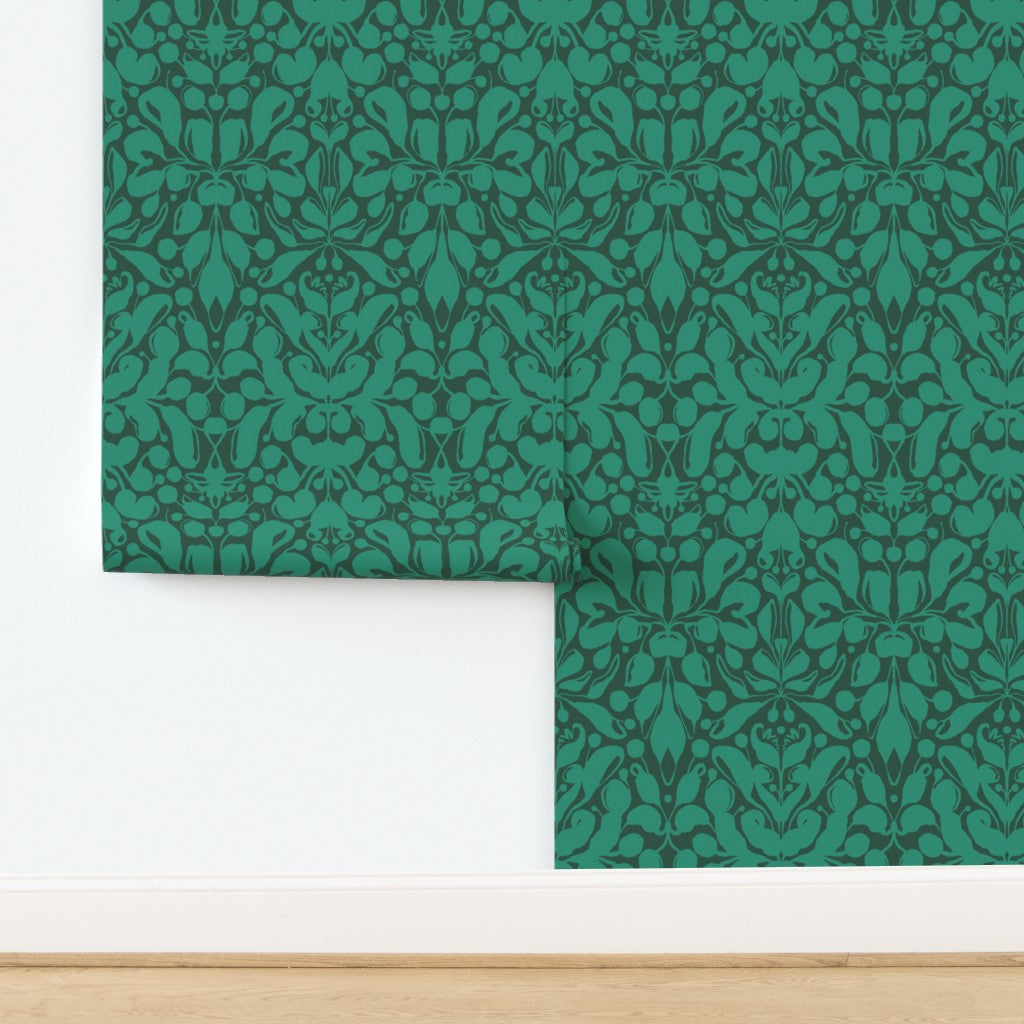 Green patterned wallpaper on a white background. Designed by artist Leila Simon Hayes.
