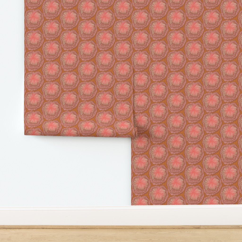 Patterned paper with pink floral design on a brown background. Designed by artist Leila Simon Hayes.