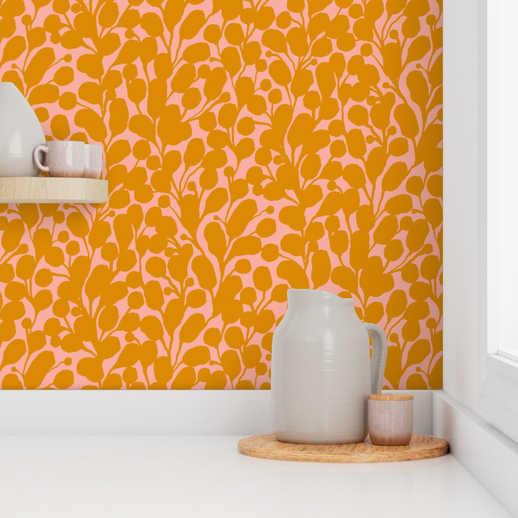 Yellow floral wallpaper as a backsplash in a kitchen. Designed by artist Leila Simon Hayes.