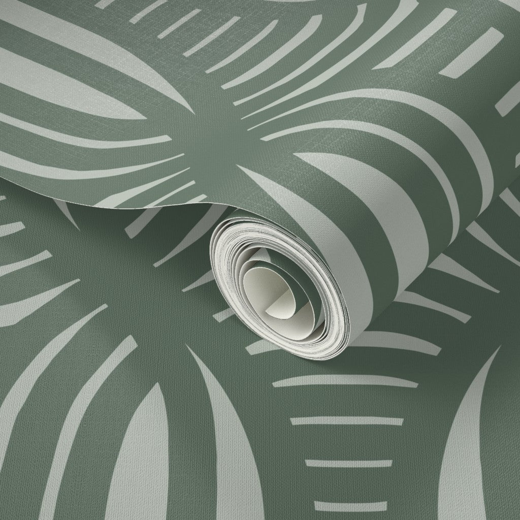 Roll of green wallpaper with striped pattern. Designed by artist Leila Simon Hayes.