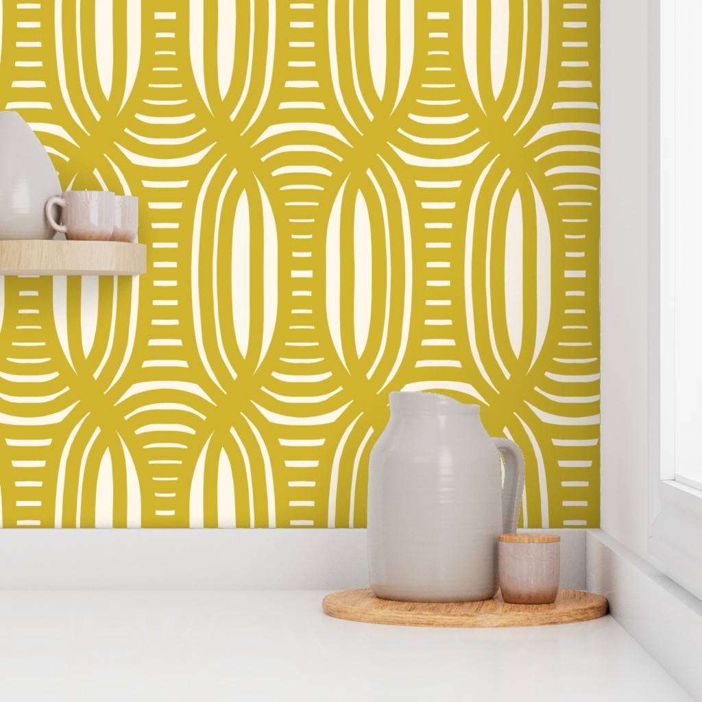 Yellow geometric patterned wallpaper with a white pitcher and small container on a shelf. Designed by artist Leila Simon Hayes.