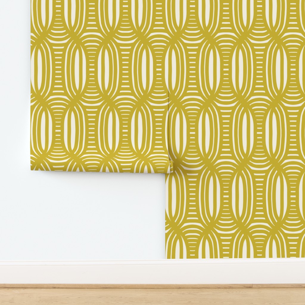 Yellow geometric patterned wallpaper on a white background. Designed by artist Leila Simon Hayes.
