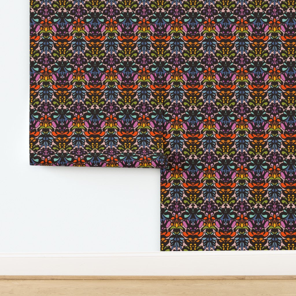 Roll of colorful patterned wallpaper on a white background. Designed by artist Leila Simon Hayes. 